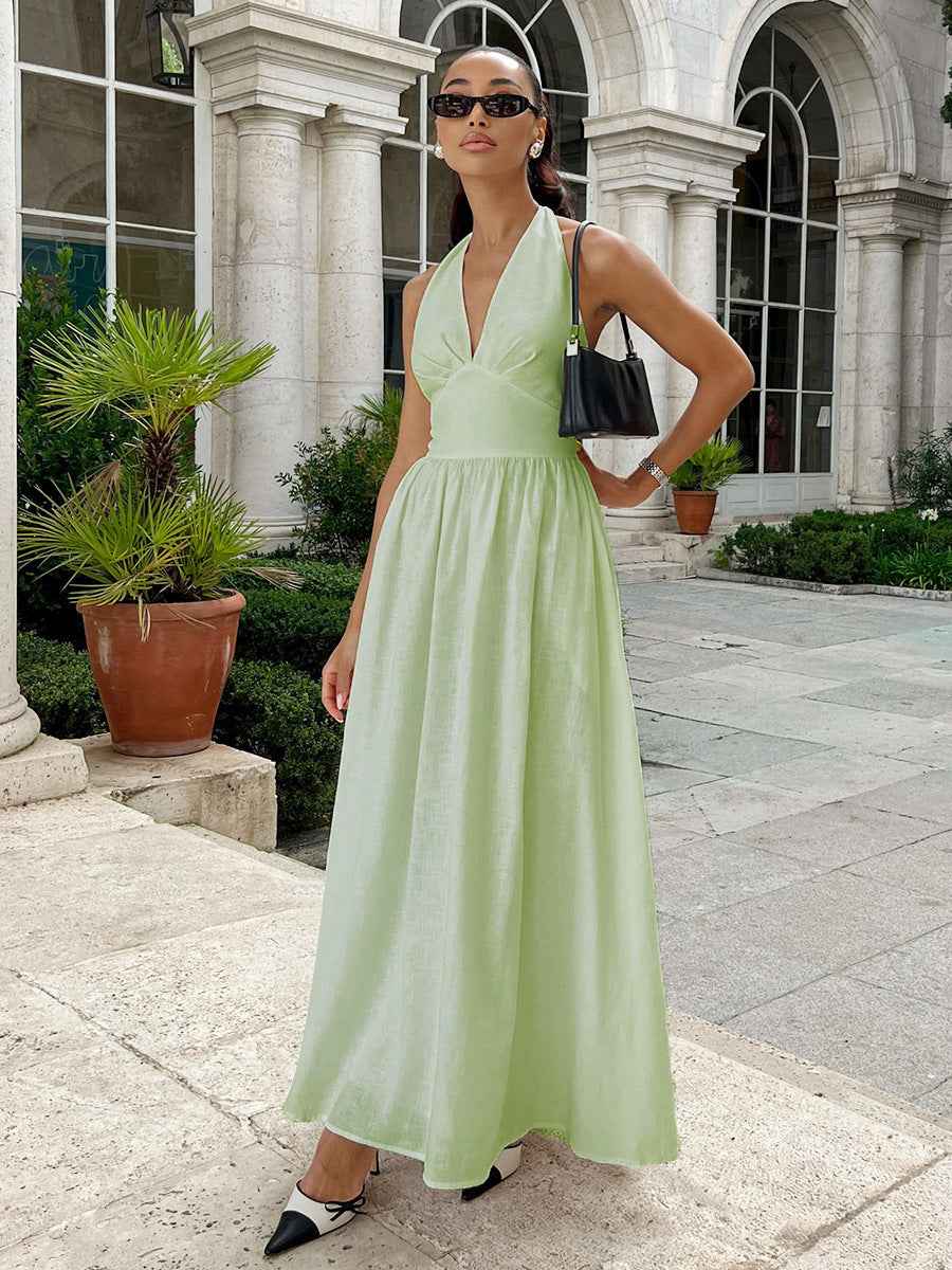 Pure Cotton V-Neck Lace-Up Long Dress