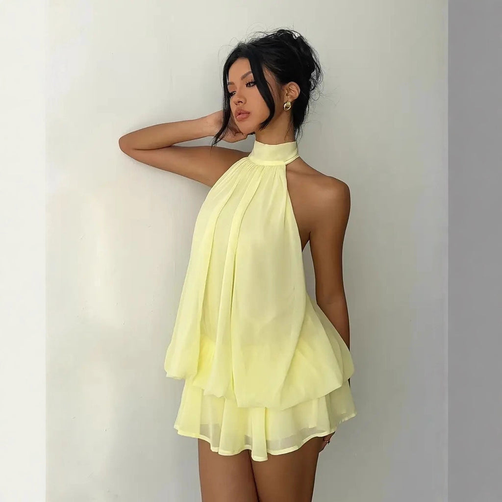 Sexy Backless Halter Tie Waist Top Puffy Short Skirt Dress