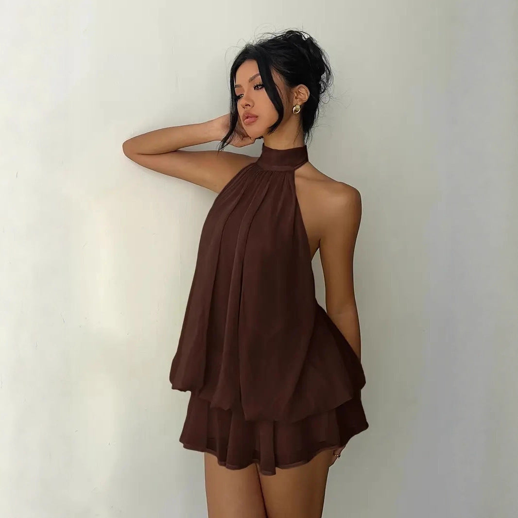 Sexy Backless Halter Tie Waist Top Puffy Short Skirt Dress