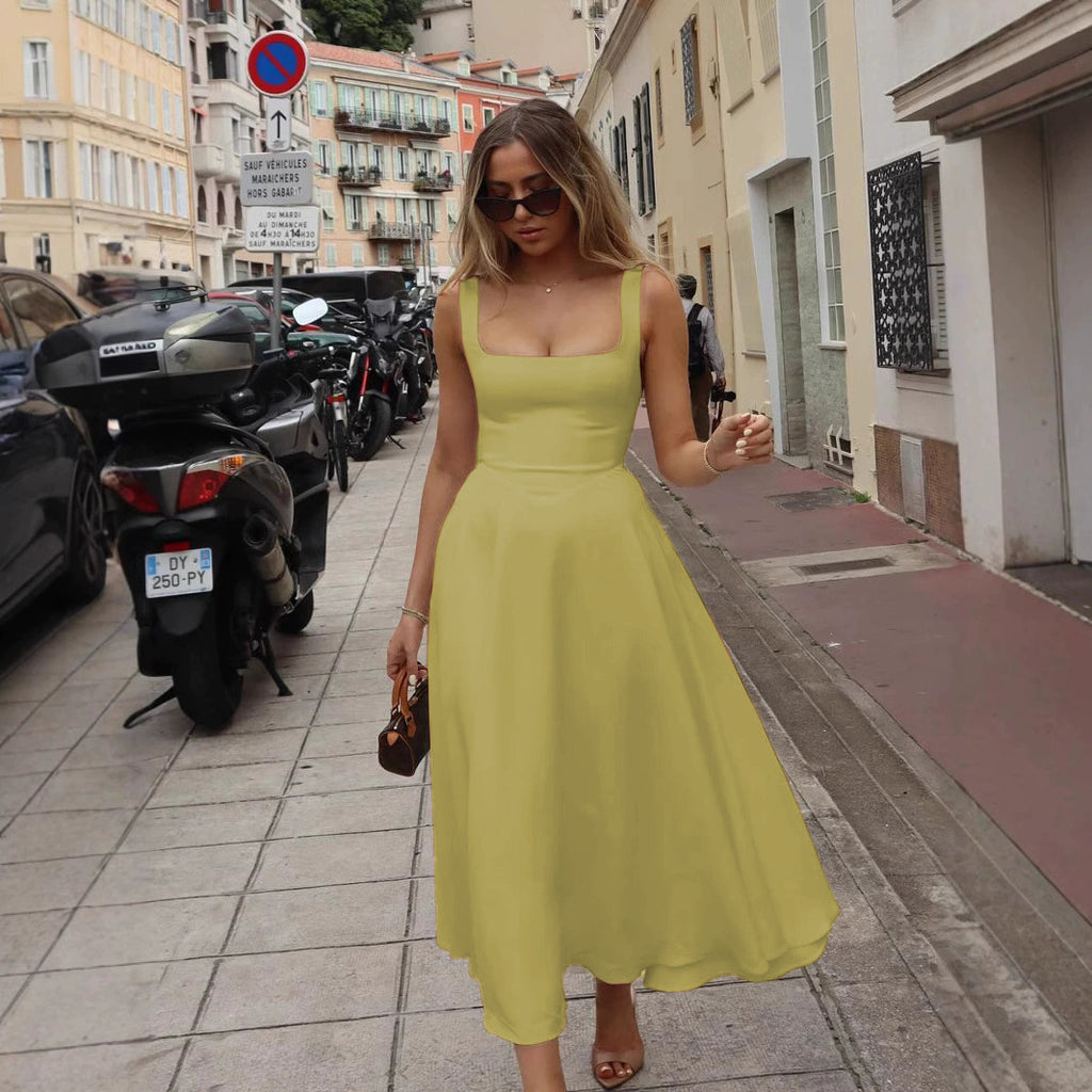 Elegant Square Collar Sleeveless High Waist Dress