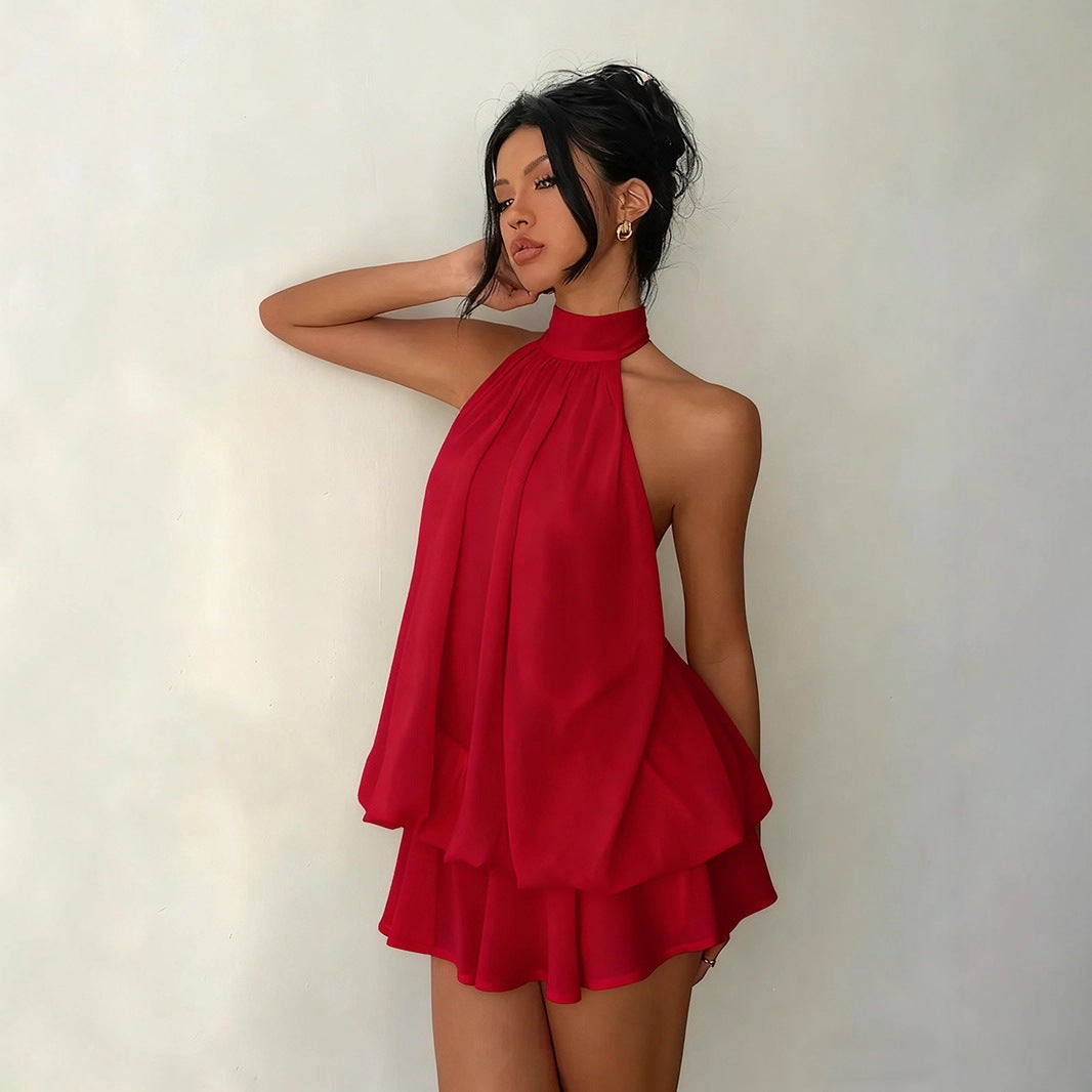 Sexy Backless Halter Tie Waist Top Puffy Short Skirt Dress