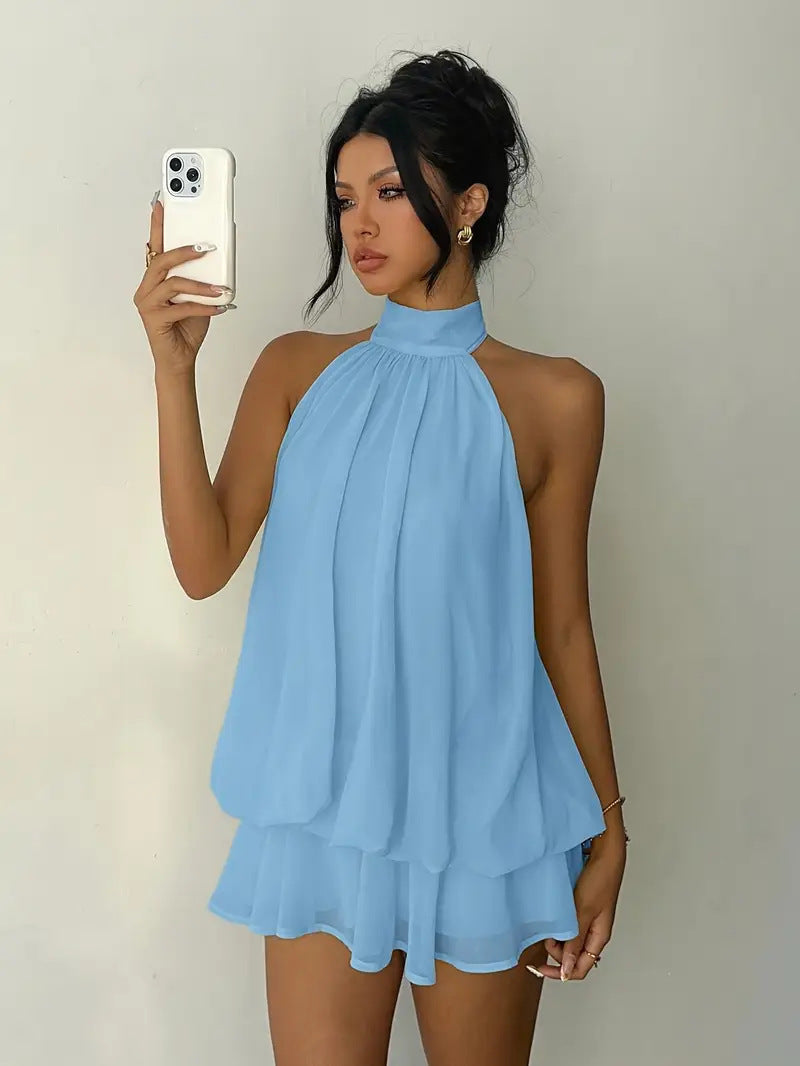 Sexy Backless Halter Tie Waist Top Puffy Short Skirt Dress