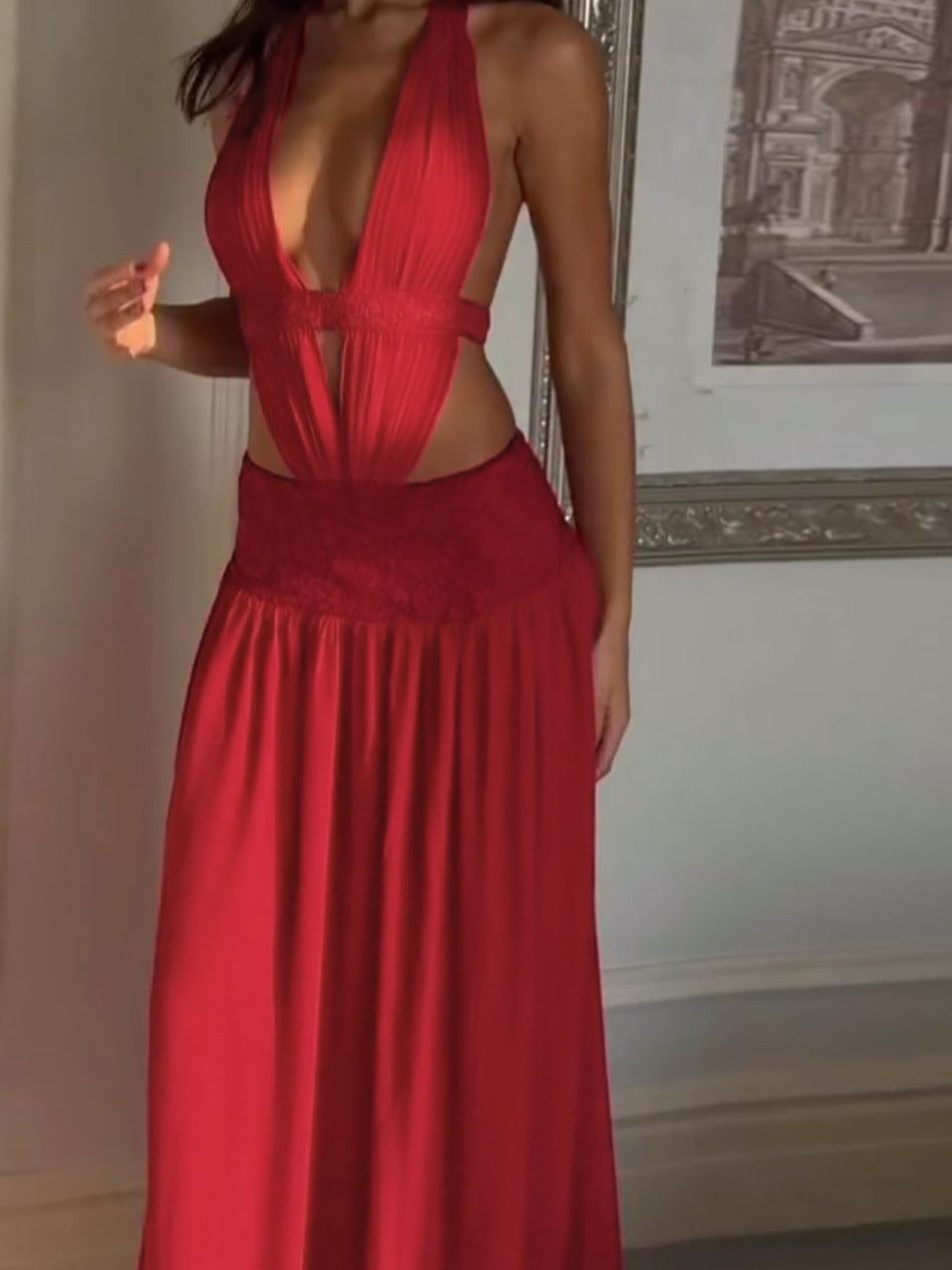 Sexy Halter Deep V-Neck Cut-Out Backless Dress