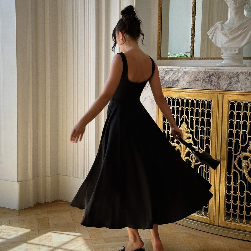 Elegant Square Collar Sleeveless High Waist Dress