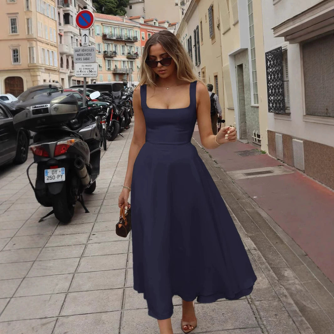 Elegant Square Collar Sleeveless High Waist Dress