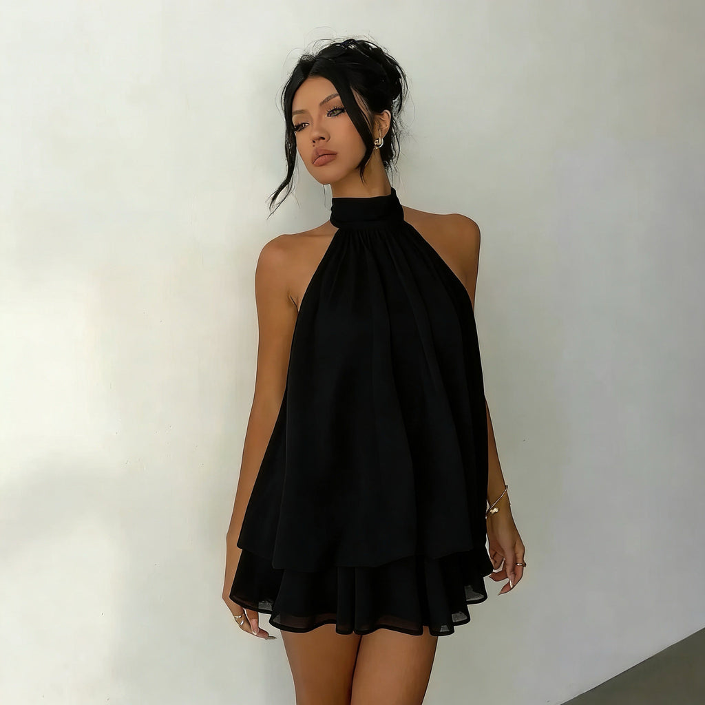 Sexy Backless Halter Tie Waist Top Puffy Short Skirt Dress