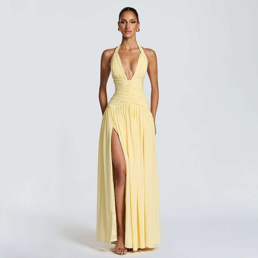 Deep V Neck Backless Pleated Dress