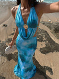 Sexy Halter Neck Long Beach Dress Tie Dye